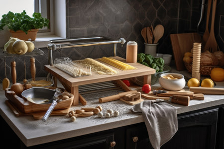 pasta making station with rolling pin, cheese grater and other tools, created with generative aiの素材