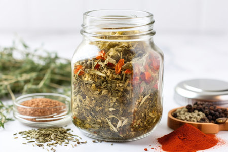 glass jar filled with spices and herbs for flavorful seasoning, created with generative aiの素材