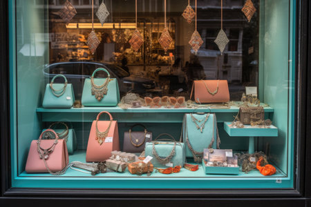 a window display of fashion accessories, including shoes, bags and jewelry, created with generative aiの素材