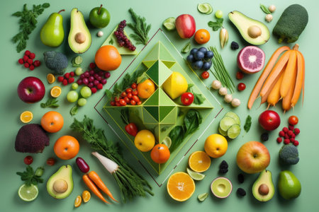 collection of fresh fruit and vegetables, arranged in geometric shapes, created with generative aiの素材