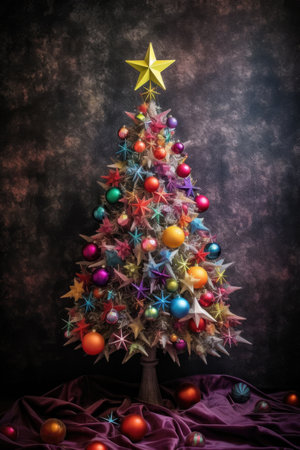 festive christmas tree with a star topper and colorful baubles, created with generative aiの素材