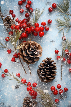 snowy pine cones and holly berries on a festive background, created with generative aiの素材