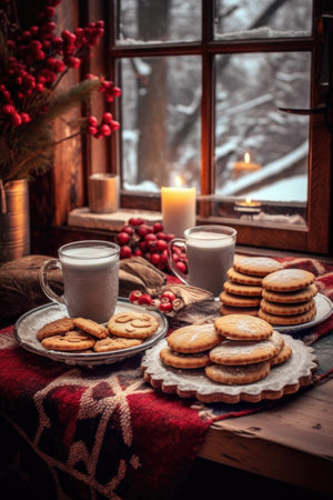 christmas cookies and hot cocoa on a cozy table, created with generative aiの素材