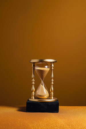 hourglass with golden sand on a desk, created with generative aiの素材