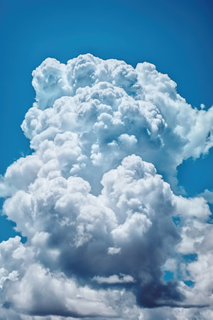 fluffy white clouds against a bright blue sky, created with generative aiの素材