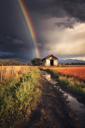 a rainbow emerging from dark rain clouds, created with generative aiの素材