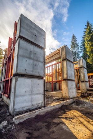 steel beams and concrete blocks stacked at site, created with generative aiの素材