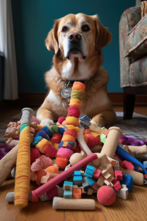 stack of dog toys and chew bones on the floor, created with generative aiの素材