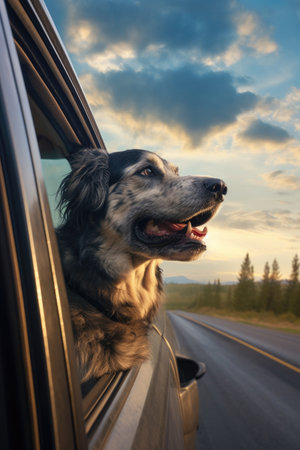 dog enjoying a car ride with head out window, created with generative aiの素材