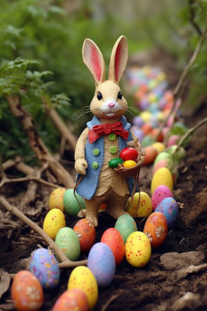 easter bunny figurine with a trail of eggs in a garden, created with generative aiの素材