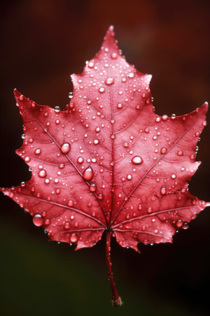 raindrops on a red maple leaf close-up, created with generative aiの素材