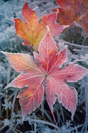 morning frost on colorful maple leaves and grass, created with generative aiの素材