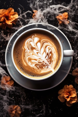 steaming cup of coffee with latte art design, created with generative aiの素材