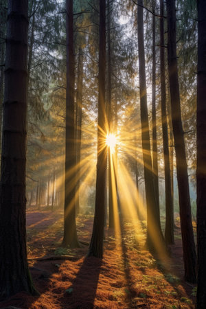sunbeams shining through tall trees at sunrise, created with generative aiの素材