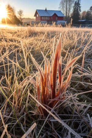 frost-covered grass glistening in sunlight, created with generative aiの素材