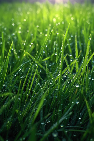 morning dew on vibrant green grass close-up, created with generative aiの素材