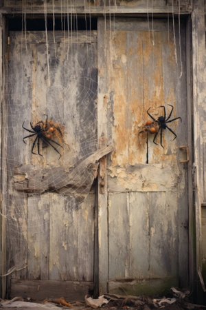 spiders and cobwebs on a vintage wooden door, created with generative aiの素材
