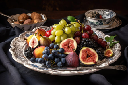 plate of fresh fruit, with figs and prunes in the mix, created with generative aiの素材