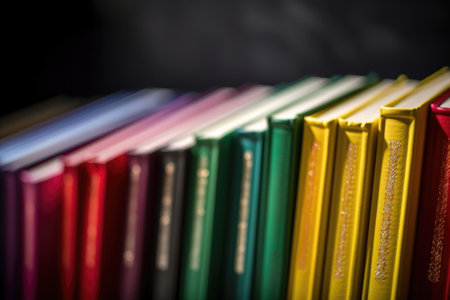 close-up of a row of books with colorful spines, created with generative aiの素材
