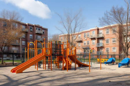 a school playground with a mix of classic and modern equipment, including slides, swings, and climbing structures, created with generative aiの素材