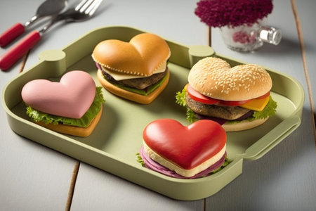 heart-shaped mini slider burgers on a heart-shaped tray, created with generative aiの素材