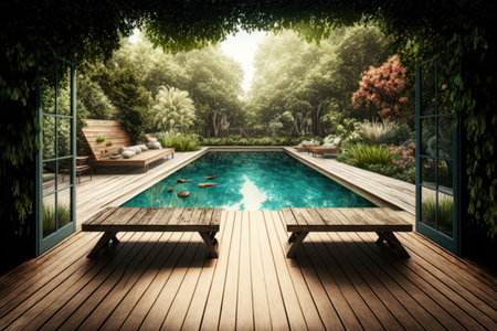 swimming pool surrounded by wooden deck and benches, with garden view, created with generative aiの素材