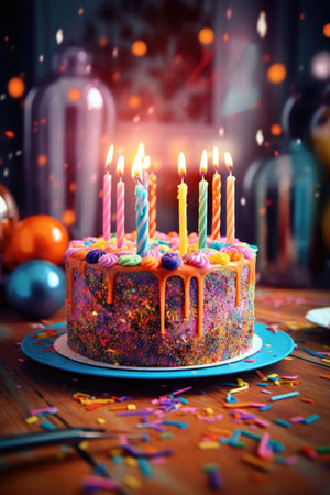 festive birthday cake with colorful candles on a table, created with generative aiの素材