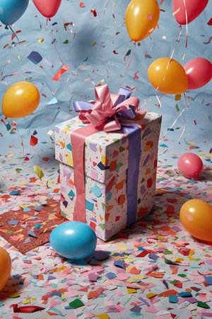 confetti and balloons scattered around a birthday gift, created with generative aiの素材