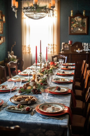 family dinner table set for a festive meal, created with generative aiの素材