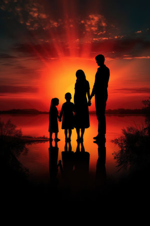 silhouette of a family holding hands at sunset, created with generative aiの素材