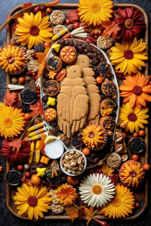 thanksgiving-themed cookies and desserts on a platter, created with generative aiの素材