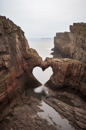 heart-shaped rock formation on a coastline, created with generative aiの素材