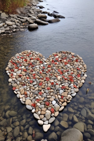 heart-shaped pebbles arranged on a riverbed, created with generative aiの素材
