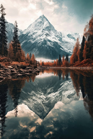 calm lake reflecting surrounding mountains, created with generative aiの素材