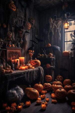 halloween pumpkins and spooky decorations in a dimly lit room, created with generative aiの素材
