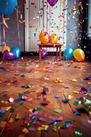 colorful birthday balloons and confetti scattered on the floor, created with generative aiの素材