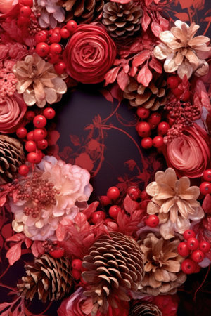 close-up of holiday wreath with pinecones and berries, created with generative aiの素材
