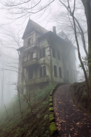 abandoned haunted mansion in foggy woods, created with generative aiの素材