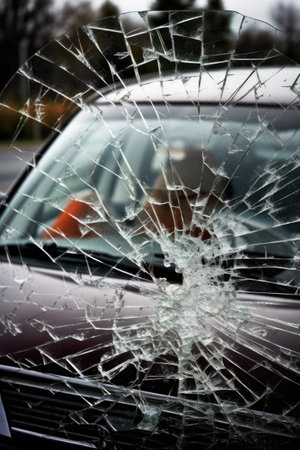 a shattered car windshield with insurance policy, created with generative aiの素材
