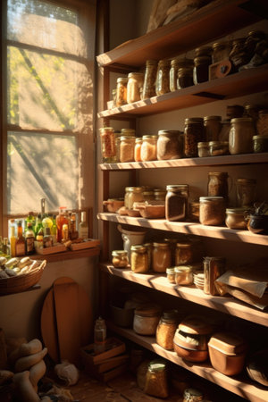 sunlight illuminating a neatly organized pantry, created with generative aiの素材