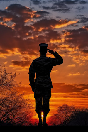 silhouette of a soldier saluting at sunset, created with generative aiの素材