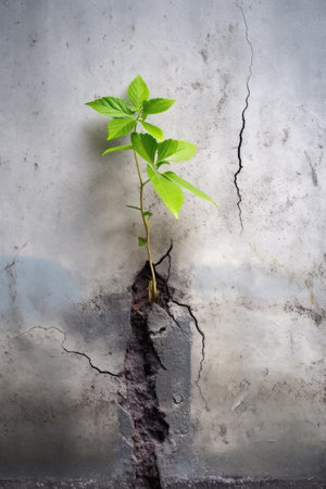 green plant growing through a crack in concrete, created with generative aiの素材