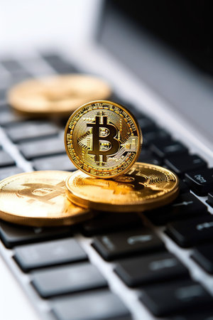 close-up of a cryptocurrency coin on keyboard, created with generative aiの素材