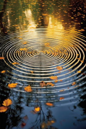 raindrops creating ripples on a pond surface, created with generative aiの素材