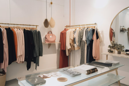 trendy boutique store, with carefully curated selection of high-quality ethical fashion brands, created with generative aiの素材