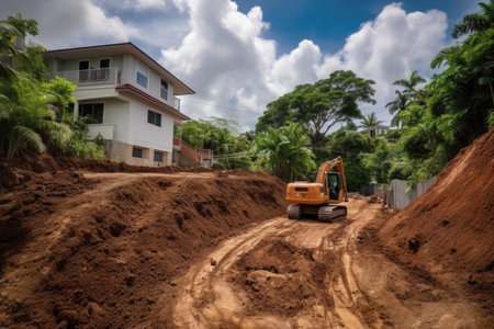 backhoe digging new foundation for house, with view of the neighborhood, created with generative aiの素材