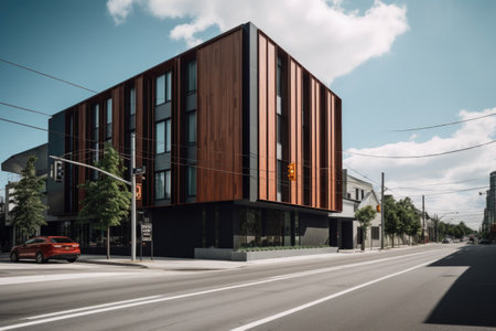 modern building, with sleek and minimalist exterior design, on busy city street, created with generative aiの素材