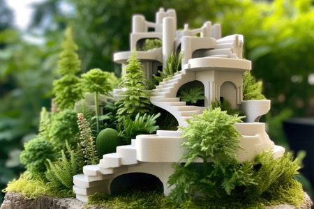3d printed housing with lush green landscaping around, created with generative aiの素材