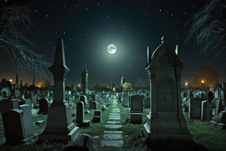 full moon above a cemetery, with the bright stars shining overhead, created with generative aiの素材