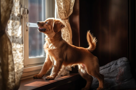 playful puppy chasing its tail in view of the sunny window, created with generative aiの素材